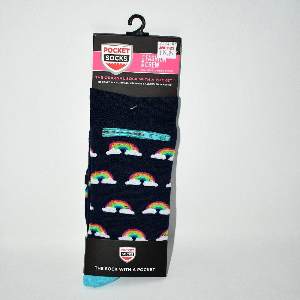 Pocket Socks 1 Pair Women’s Crew Socks w Hidden Zipper Pocket- Rainbow Design NW